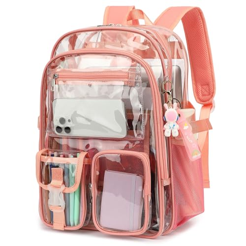 Clear Backpack Heavy Duty Transparent Backpacks Stadium Approved for School Work Sport Travel (Pink) - color: Pink