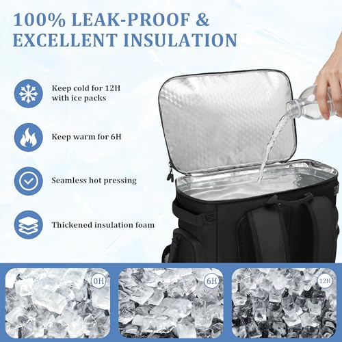 30L Cooler Backpack for Men Women, Leak Proof & Waterproof, Double Decker Insulated Backpack Cooler for Beach Camping Picnic (7.93 Gal, 48 Can) - color: Black