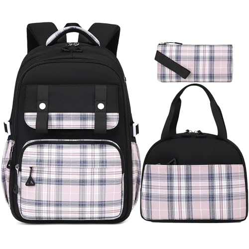 MUSEVOS Girls Backpack with Lunch Bag, Elementary Middle School Backpack, Large Capacity Kids Bookbag 3 Pcs Set - color: Blackpink-3pcs-set