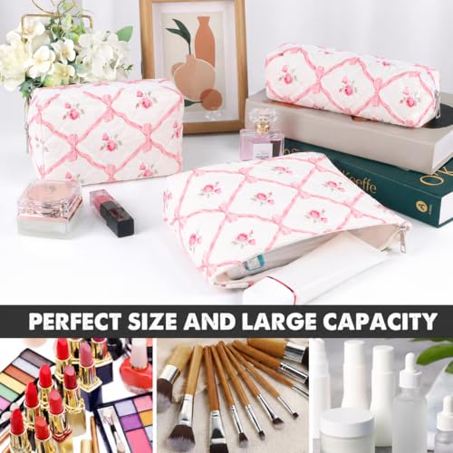 3 Pcs Makeup Bag Cosmetic Bag Set for Girls Women Travel Organizer Bathroom Toiletry Pouch Large Capacity Storage Bag（Pink Ribbon） - color: Pink Ribbon