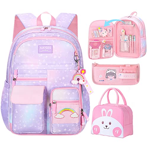 Kawaii Backpack, Cute Girls Backpacks Ages 6-8, Mochila Para Niñas | Backpack with Lunchbag & Pencilcase, Aesthetic Bookbag - color: 3 Pcs-set Purple Kawaii Backpack