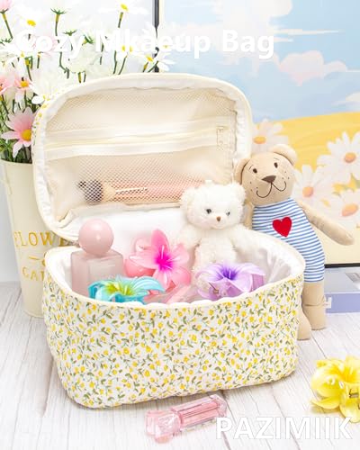 Quilted Makeup Bag for Women, Travel Cosmetic&Toiletry Bag,Floral Yellow - color: Floral Yellow