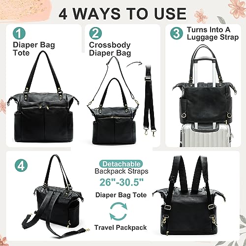 MOMINSIDE Diaper Bag Tote, 4 in 1 Leather Diaper Bag Backpack with 13 Pockets, Convertible Baby Bag Pañaleras Para Bebe for Mom Mommy Bag Hospital Bag, Changing Pad, 4 Large Insulated Pockets(Black) - color: Black