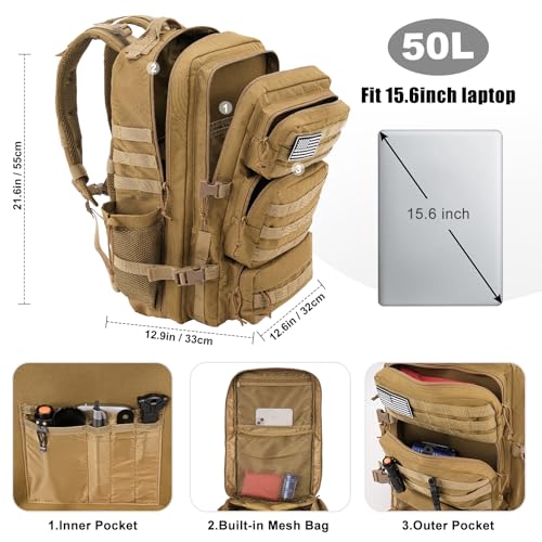 Military Tactical Backpack 50L Large Day Backpack for Men Molle Army 3 Days Assault Pack Bug Out Bag Water Resistant and Heavy Duty Hiking Treeking Rucksack - Brown - color: Brown, size: 50L