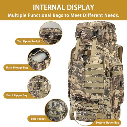 80L Camping Hiking Backpack, Large Military Tactical Backpack with USB Charging Port, Waterproof Travel Daypack With Carabiner Outdoor MOLLE Rucksack for Men Women (Camo) - color: 80l Camo-biner