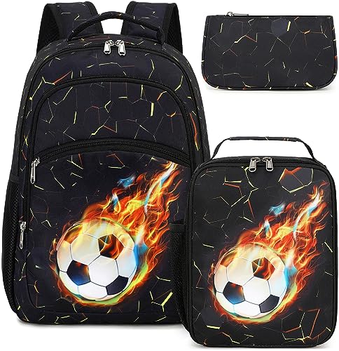 LOIDOU Backpack for Teen Girls Bookbags School Backpack with Lunch Box and Pencil Case 3 in 1 School Bags Set - color: Black Football