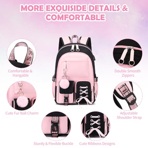 ACESAK Backpacks for Girls, Girls Backpack with Lunch Box and Pencil Case for Teen Kids Elementary Middle High School College Student, Children School Backpack Bookbag with USB Charging Port (Pink) - color: Black & Pink