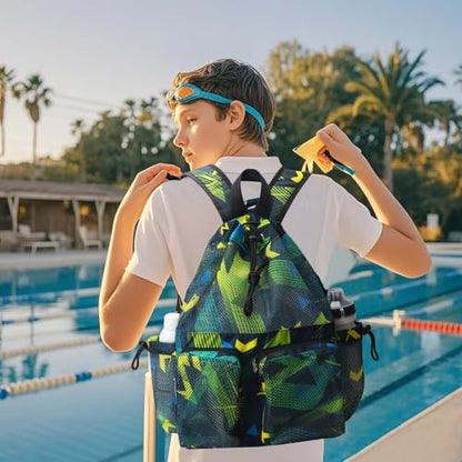 RHCPFOVR Mesh Swim Bags for Swimmers - Drawstring Backpack for Women Men Swim Team Gear Beach Gym Bag Sports - color: Green Geometric Patterns, style: Green Geometric Patterns