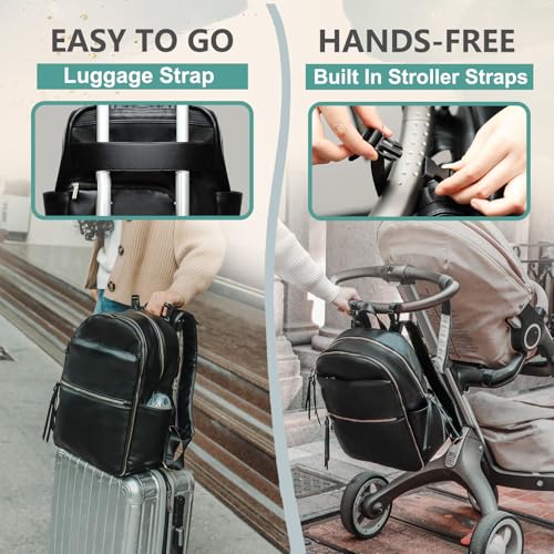 MOMINSIDE Diaper Bag Backpack Leather Diaper Bag with 6 Insulated Pockets, Baby Bag for Mom Dad, Baby Registry, Changing Pad, Stroller Straps,Diaper Backpack Diaper Bag Leather (Black) - color: Black