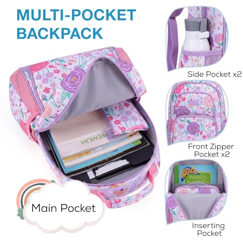 mommore Kids Backpack for Boys Girls 4-8 Kindergarten Elementary School Backpack with Lunch Box - 15” H Fit Folder - color: Purple Flower, style: 3 Pcs