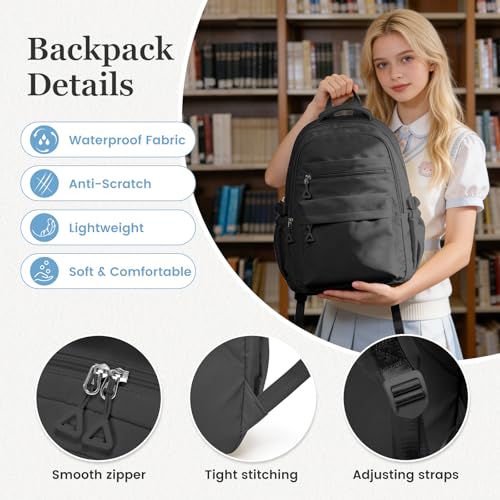 Black Backpack for College Students Women Men, Aesthetic Backpacks for Middle School, Waterproof Bookbag, Lightweight High School Backpack for Teens Boys Girls - color: Black