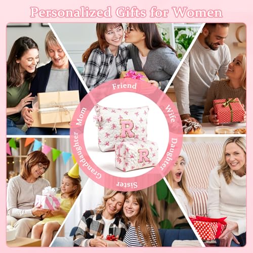 Initial Makeup Bag, Valentines Day Gifts for Women Teens Girls Birthday Gift Personalized Bow Cosmetic Bag, Quilted Cosmetic Travel Toiletry Pouch, Cute Makeup Organizer Teen Girl Gifts Trendy Stuff R - color: R