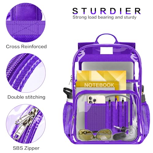 Clear Backpack Heavy Duty Large Transparent Backpack with Reinforced Bottom for College, Travel, Workplace Security - Purple - color: Purple