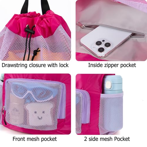 Swim Bag for Kids Mesh Beach Backpack for Girls Lightweight Drawstring Beach Bag Swimming Pool Sports Gym String Bag (Purple) - color: Purple