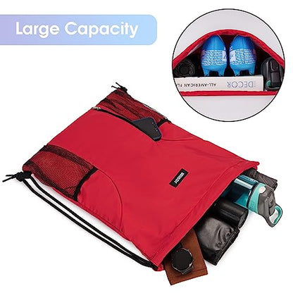 WANDF Drawstring Backpack Sports Gym Sackpack with Mesh Pockets Water Resistant String Bag for Women Men (Red) - color: Red