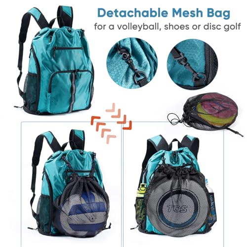 Large Beach Backpack w/Shoe Compartment &Detachable Ball Mesh Bag - color: Teal
