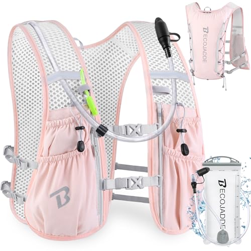 BECOJADDE Running Vest Hydration Backpack for Men Women, 5L Lightweight Running Backpack Hydration Pack for Marathon, Trail, Cycling, Hiking, Jogging - color: Pink, size: 6l Running Vest With One 2l Water Bag