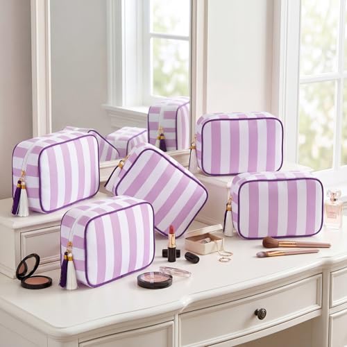 Kacctyen 6 Pack Lavender Purple and White Striped Makeup Bag bulk with Tassel Travel Cosmetic Pouch Organizer Large Zipper Toiletry Case for Women Aesthetic Storage Pouch Mahjong Tile Bag - color: Lavender Purple and White