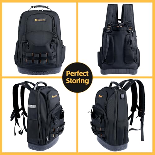 Tool Backpack Heavy Duty, Tool Bag Backpack for Men Waterproof Oxford Fabric with Plastic Base, 19IN Large Capacity with 44 Pockets, Padded Back & Straps for All Worksite Environments