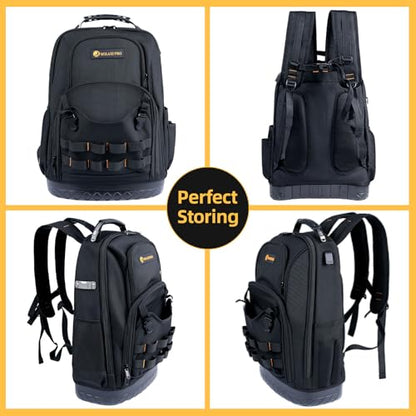 Tool Backpack Heavy Duty, Tool Bag Backpack for Men Waterproof Oxford Fabric with Plastic Base, 19IN Large Capacity with 44 Pockets, Padded Back & Straps for All Worksite Environments