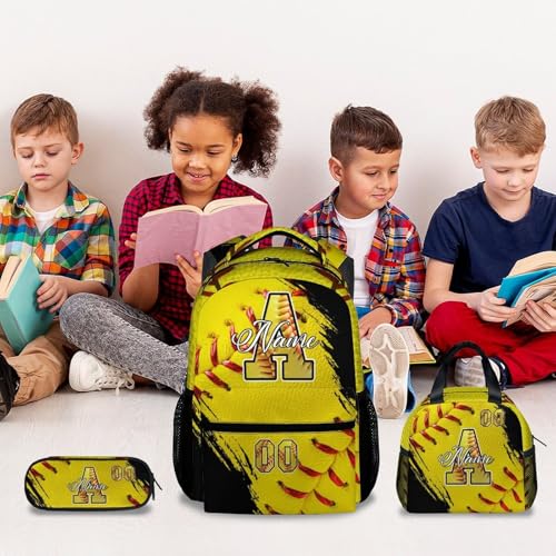 Mercuryelf Personalized Softball Backpack Set for Girls - Custom Kids Monogram School Bookbag for Players/Travel with Lunch Box - color: Yellow
