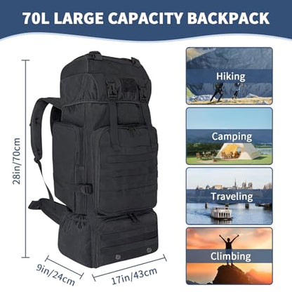 70L Hiking Backpack for Men Women Camping bag with Shoe Compartment Large Military Tactical Backpack, MOLLE Rucksack Sport Travel Backpacking Daypack (Black) - color: 70l Black-sc