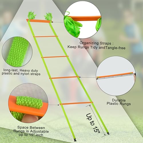 20ft Adjustable Agility Speed Ladder Training Ladder with Carry Bag - Soccer, Speed, Football Fitness Feet Training - Agility Training Equipment for Footwork Drills - color: Orange