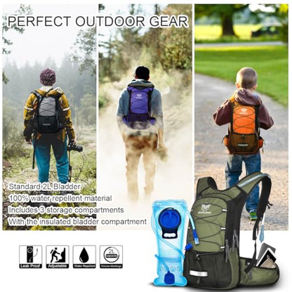 Mothybot Hydration Pack, Insulated Hydration Backpack with 2L BPA Free Water Bladder and Storage, Hiking Backpack for Men, Women, Kids for Running, Cycling, Camping - Keep Liquid Cool up to 5 Hours - color: Olive