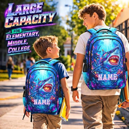 Boys Backpack Shark Backpacks Personalized with Name for Kids Teens, Large Capacity Bookbag for School Elementary Middle Senior Travel Casual - color: Dark Blue