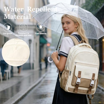 School Backpack For Women Men College Backpack With Lots Of Pockets Cute BookBag Casual Daypack Backpacks For Teens Girls Boys Waterproof(Beige) - color: D2-beige Wth Khaki