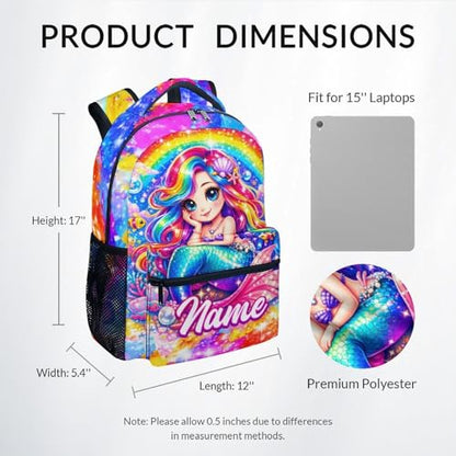 School Backpack for Girls Personalized Mermaid Bookbag - Custom Kids School Bag with Name, Large Capacity Daypack for Preschool, Kindergarten, Elementary (17 Inch) - color: Blue