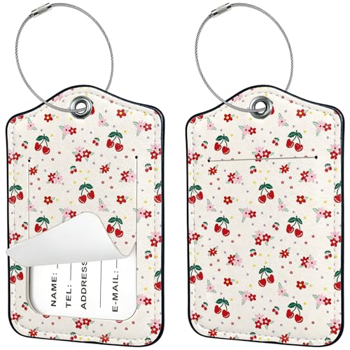 2 PCS Luggage Tags for Suitcases,Cute Cherry Floral PU Leather Name Tag with Privacy Cover&ID Label Address Card and Durable Metal Ring Suitable for Men Women Travel Bag - color: Cherry Floral