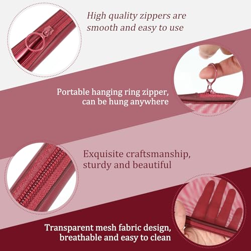 2 Pcs Purse Organizer Pouches Red Mesh Makeup Bag Mesh Cosmetic Bag Burgundy Makeup Bags Portable Travel Organizing Zipper Pouch Toiletries Make Up Pouches for Home Office Travel Accessories