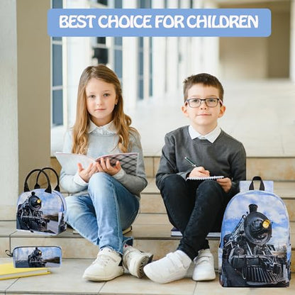 Train 3PCS Backpack for Boys Girls, Kids Back to School Backpack Set with Lunch Box Pencil Case, 17 Inch Lightweight Bookpack 3 in 1 Set for Teens Elementary Middle High School Students - color: Train