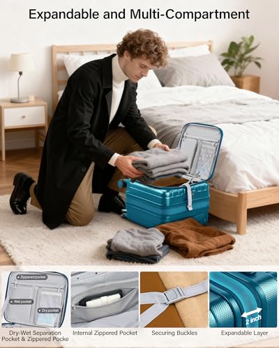 Hanke 16 Inch Expandable Under Seat Luggage with Wheels Top Opening Small Suitcase with Wheels Carry On Luggage Airline Approved Lightweight Hard Shell Suitcases for Weekender Overnight-Caribbean Blue - color: Caribbean Blue, size: 16 Inch Expandable