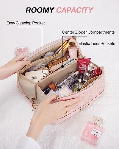 BAGSMART Makeup Bag, Travel Cosmetic Bag Organizer, PU Leather Water-Resistant Pouch, Open Flat Makeup Storage for Toiletries, Brushes, PU Leather Pink - color: 24-A-Pink