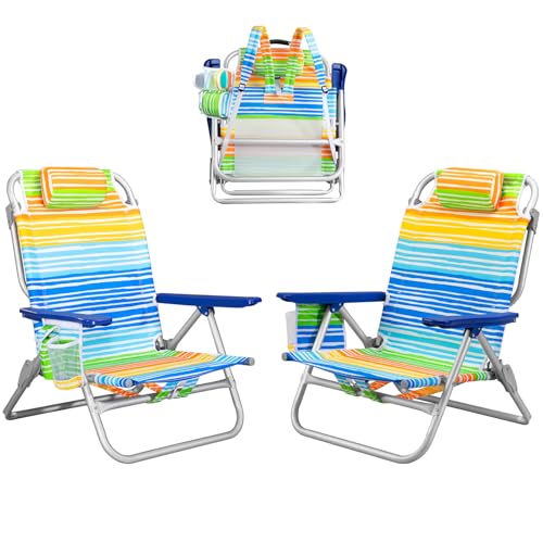 PRETZI Backpack Beach Chairs for Adults - Folding Heavy Duty Camping Chair with Storage Pouch, Cup Holder & Towel Rack, Lightweight & Adjustable Lounge Chair for Outdoor,Travel (2 Packs/Rainbow) - color: Rainbow, size: 2 packs