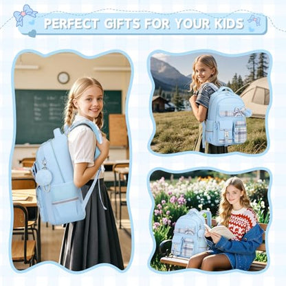 MOONBABY Girls Backpack, Kids Backpack for Girls School Bags with Pen Case, Bow Plaid Book Bag for Elementary Middle Primary High School College, Blue-2pcs - color: Blue