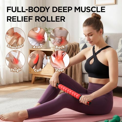 Muscle Roller & Massage Roller Stick for Athletes - Lymphatic Drainage Support, Relieves Muscle Soreness, Cramping & Tightness - Targets Legs, Arms, Back & Calves （Red - 18inch） - color: Red