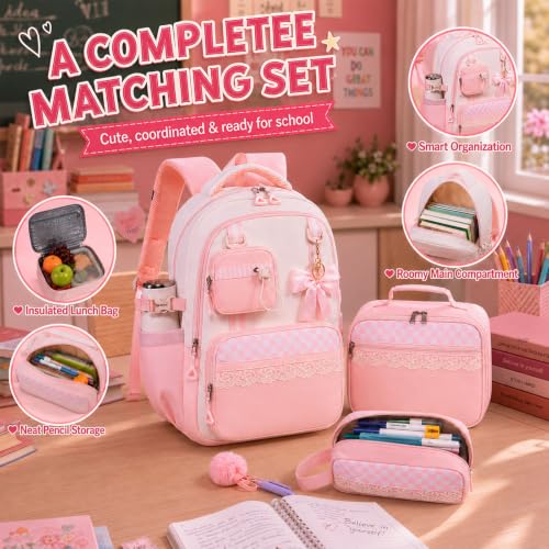 Bluboon Backpack for School Teen Girls Bookbags with Lunch Bag & Pencil Case Aesthetic Water Resistant School Bags for Kids - color: Pink Gingham