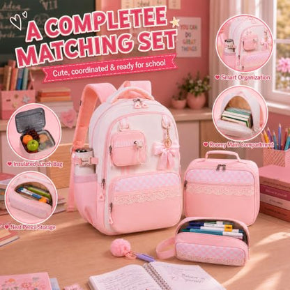 Bluboon Backpack for School Teen Girls Bookbags with Lunch Bag & Pencil Case Aesthetic Water Resistant School Bags for Kids - color: Pink Gingham