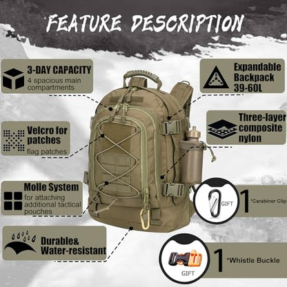 Expandable 40-64L Military Tactical Backpack 3 Day Bag Hiking Gym Sport Camping - color: Green