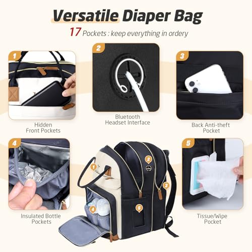 Diaper Bag Backpack - Extra Large Diaper Bag for 2 Kids Twin, Travel Baby Bags for Mom Dad 25-37L Expandable with Changing Pad Earphone Hole, Apricot Black - color: Black & Apricot