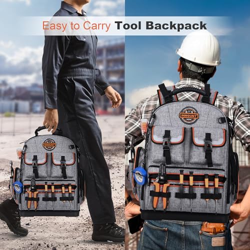 Tool Bag Backpack - Heavy Duty Tool Backpack, HVAC Tool Backpack Bag Organizer, Electrician Tool Bag with Laptop Compartment, Waterproof Molded Base, Combination lock & Durable 1680D - Gray