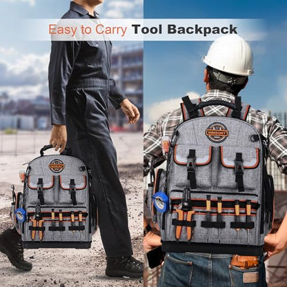 Tool Bag Backpack - Heavy Duty Tool Backpack, HVAC Tool Backpack Bag Organizer, Electrician Tool Bag with Laptop Compartment, Waterproof Molded Base, Combination lock & Durable 1680D - Gray