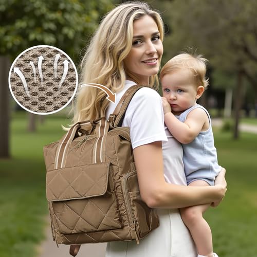 Omanmoli Diaper Bag Backpack Quilted Baby Diaper Bag Lunch Backpack Pañaleras Para Bebe for Working Moms with 11 Pouches,Large Insulated Cooler Compartment,Stroller Straps,Changing Pad,Brown - color: Brown
