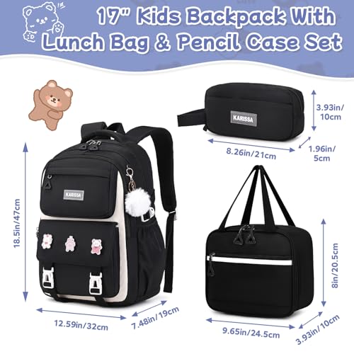 Girls Backpack, 3pcs Sets Kids Backpack for Girls with Anti-theft Back Pocket, Lightweight School Backpacks Water Resistant Lunch Bag with Pencil case for Elementary Primary School, Black - color: Black 3pcs
