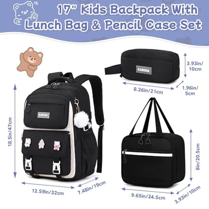 Girls Backpack, 3pcs Sets Kids Backpack for Girls with Anti-theft Back Pocket, Lightweight School Backpacks Water Resistant Lunch Bag with Pencil case for Elementary Primary School, Black - color: Black 3pcs