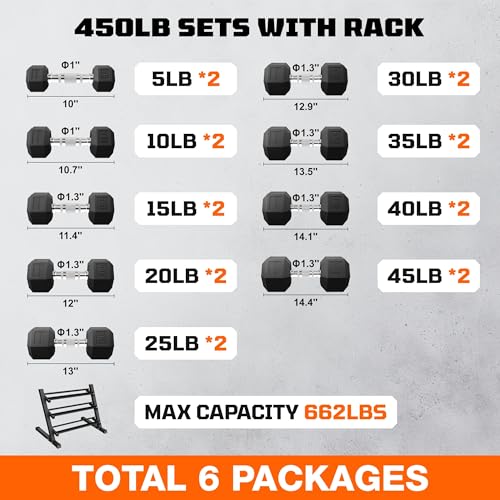Dumbbell Sets with Rack, Rubber Hex Dumbbells, 160/220/280/360/450/550LBS, Hand Weights with Chrome Handle for Strength Training - color: 450lbs with Rack