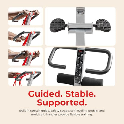 Sunny Health & Fitness Full Body Stretch Machine for Home Gym, Back Stretcher & Flexibility Trainer with Pivoting Seat, Foam Rollers, Safety Straps, Handlebar & SunnyFit App - color: Gray
